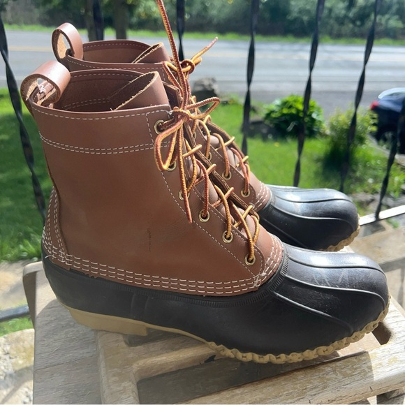 LL Bean Men’s 9M Duck Boots Tan Leather Brown Rubber 6 Eye Maine USA 8 Inch - Picture 6 of 11